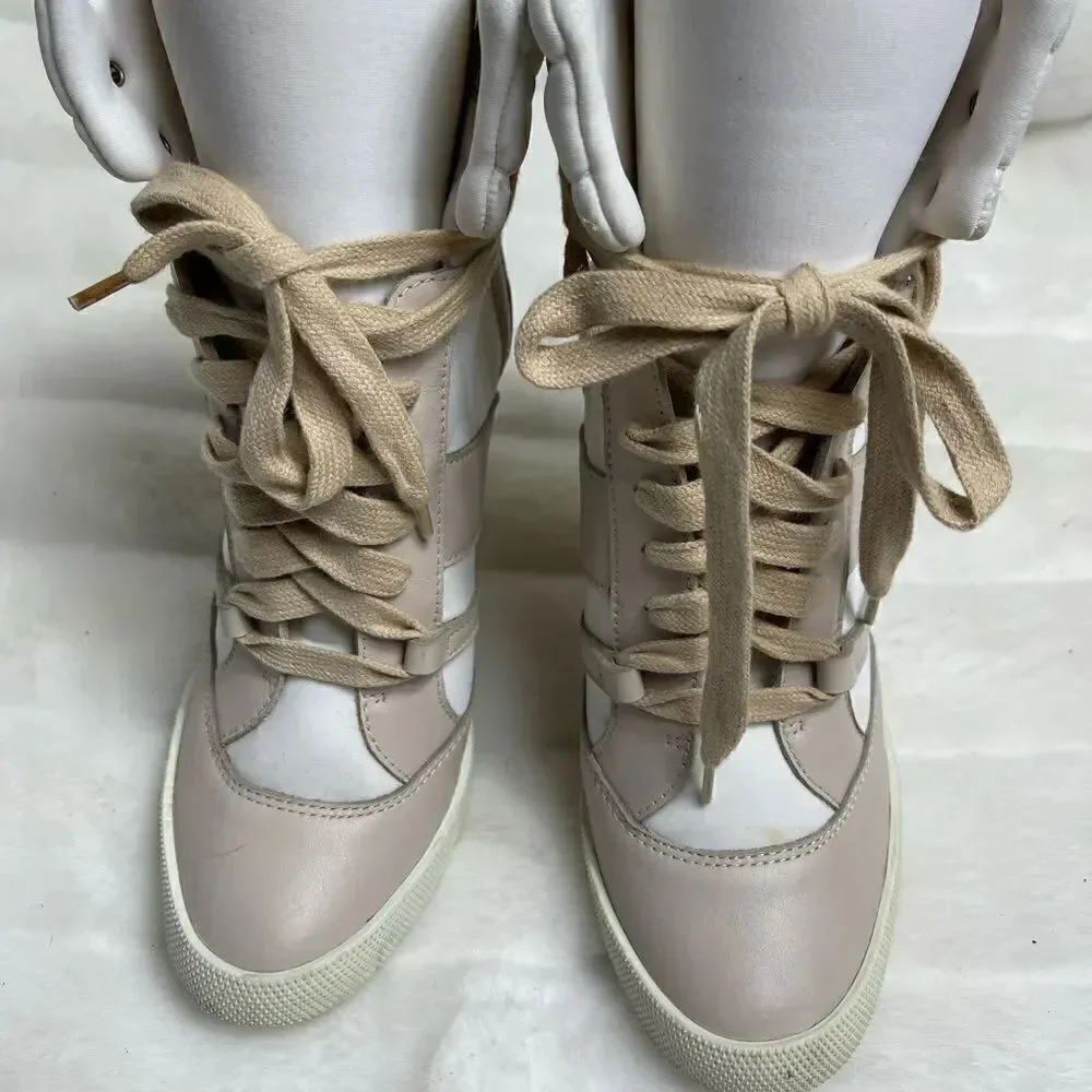 Chloe high top wedge sneakers in white suede and tan leather trim size E…